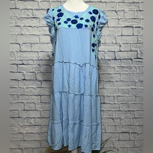 GABY & GRACIE Embroidered Midi Dress Sz L Blue Floral Tiered Flutter Sleeve